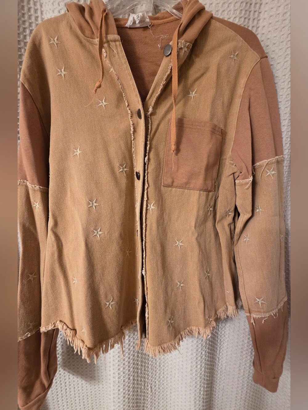Heyson women’s hooded button-front canvas/French terry shirt, Size L